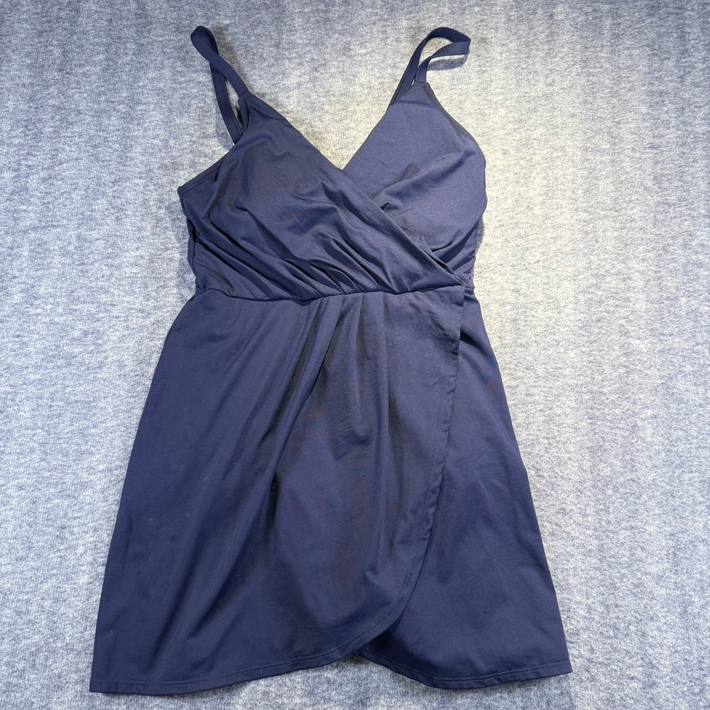 Lands End Womens One Piece Skirt Swim Dress Navy Blue Bathing Suit Small